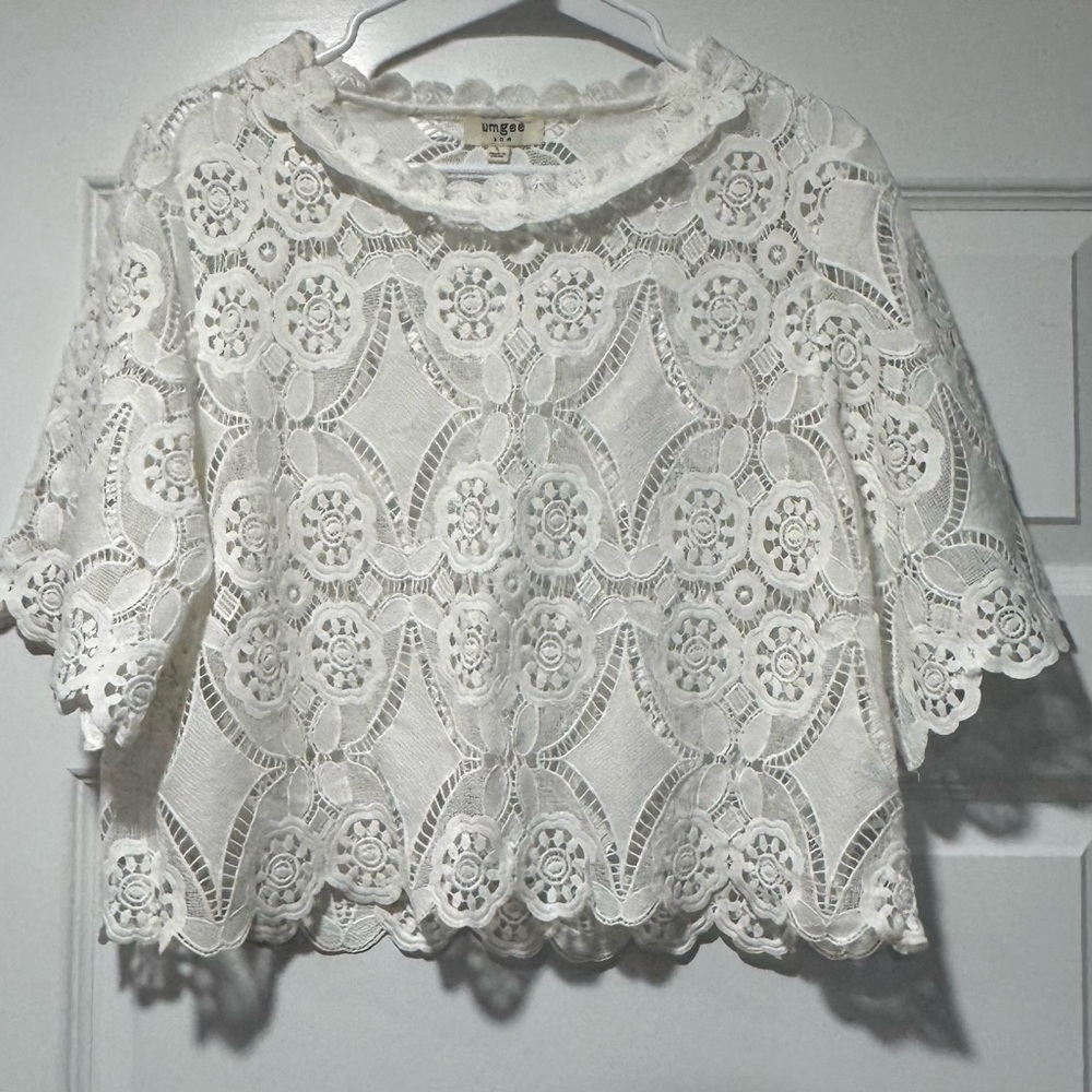 Umgee Cream Crochet Lace Short Sleeve Boho Blouse - Picture 2 of 9